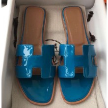 Hermes Oran Flat Slipper Sandals in Patent Calfskin Blue/Coffee