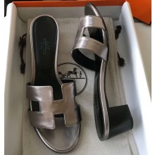 Hermes Heel 5cm Oasis Slipper Sandals in Metallic Leather Silver Gray/Black