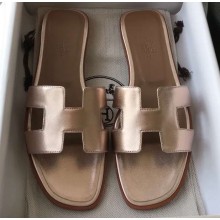 Hermes Oran Flat Slipper Sandals in Metallic Leather Pink Gold