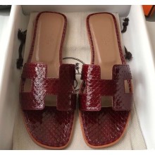 Hermes Oran Flat Slipper Sandals in Patent Python Burgundy