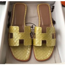 Hermes Oran Flat Slipper Sandals in Patent Python Yellow