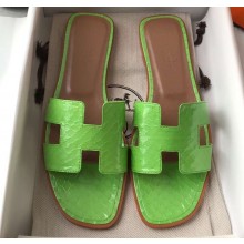 Hermes Oran Flat Slipper Sandals in Patent Python Green