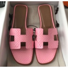 Hermes Oran Flat Slipper Sandals in Patent Python Pink