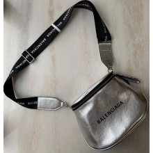 Balenciaga Logo Crossbody Bag with Canvas Strap Silver