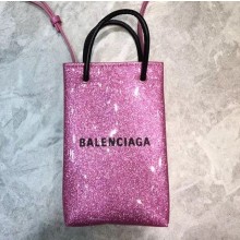 Balenciaga North-South Mini Shopping Phone Holder Bag in Patent Calfskin Pink