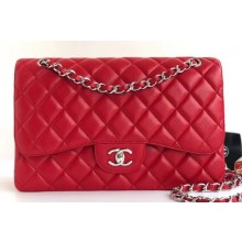 Chanel Grained Caviar Leather Jumbo Classic Flap Bag A1113 Red with Silver Hardware