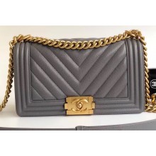 Chanel Caviar Leather Chevron Boy Flap Medium Bag Gray/Gold