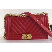 Chanel Caviar Leather Chevron Boy Flap Medium Bag Red/Gold