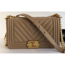 Chanel Caviar Leather Chevron Boy Flap Medium Bag Tan/Gold