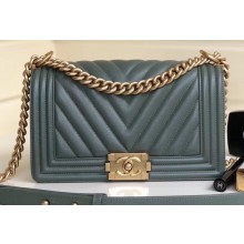Chanel Caviar Leather Chevron Boy Flap Medium Bag Gray Green/Gold