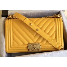Chanel Caviar Leather Chevron Boy Flap Medium Bag Yellow/Gold