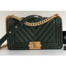 Chanel Caviar Leather Chevron Boy Flap Medium Bag Green/Gold