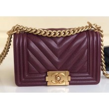 Chanel Caviar Leather Chevron Boy Flap Small Bag Burgundy/Gold