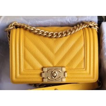 Chanel Caviar Leather Chevron Boy Flap Small Bag Yellow/Gold