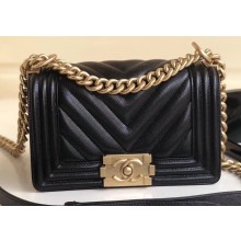 Chanel Caviar Leather Chevron Boy Flap Small Bag Black/Gold