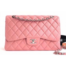 Chanel Grained Caviar Leather Jumbo Classic Flap Bag A1113 Pink with Silver Hardware