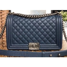 Chanel Caviar Leather Boy Flap New Medium Bag Navy Blue/Silver