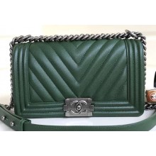 Chanel Caviar Leather Chevron Boy Flap Medium Bag Green/Silver