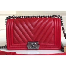 Chanel Caviar Leather Chevron Boy Flap Medium Bag Red/Silver