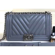 Chanel Caviar Leather Chevron Boy Flap Medium Bag Gray/Silver