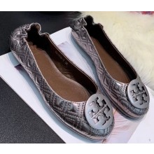 Tory Burch Minnie Travel Ballet Flats in Soft Quilted Napa Leather Silver