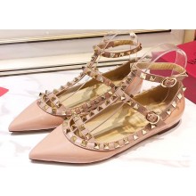 Valentino Rockstud Caged Ankle Strap Ballet Flats Ballerinas in Patent Leather Nude Pink