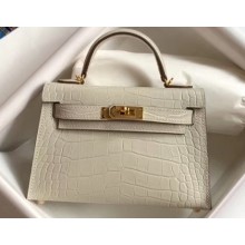 Hermes Mini Kelly II Bag in Alligator Embossed Leather Half Handmade White