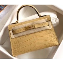 Hermes Mini Kelly II Bag in Alligator Embossed Leather Half Handmade Apricot