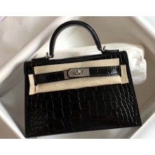 Hermes Mini Kelly II Bag in Alligator Embossed Leather Half Handmade Black/Silver
