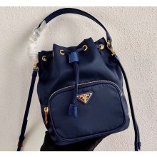 Prada Duet Fabric Shoulder Bucket Bag 1BH038 Navy Blue