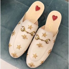 Gucci Women's Princetown Horsebit Slipper Embroidered Bees and Stars White