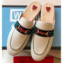 Gucci Women's Princetown Horsebit Slipper Web Canvas Beige/Green