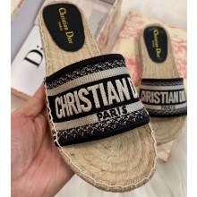 Dior Granville Oblique Embroidered Cotton Espadrilles Slipper Sandals Black 2020