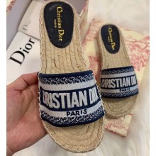 Dior Granville Oblique Embroidered Cotton Espadrilles Slipper Sandals Dark Blue 2020