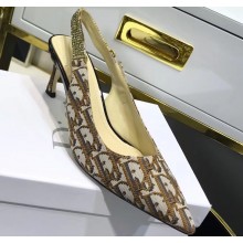 Dior Heel 6cm Strassy-D Slingback Pumps Oblique Canvas Coffee 2020