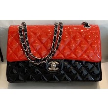 Chanel Bi-color Classic Flap Medium Bag in Patent Calfskin Red/Black/Silver