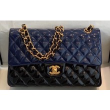 Chanel Bi-color Classic Flap Medium Bag in Patent Calfskin Navy Blue/Black/Gold