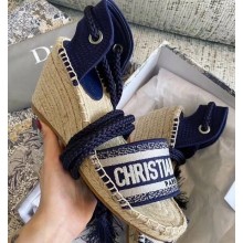 Dior Granville Embroidered Cotton Wedge Lace-up Espadrilles Sandals Blue 2020