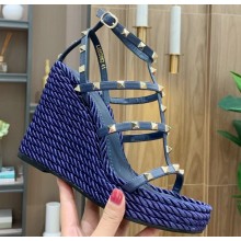 Valentino Heel 12cm Platform 2.5cm Rockstud Leather Ankle Strap Wedge Sandals Blue 2020