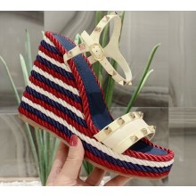 Valentino Heel 12cm Platform 2.5cm Ankle Strap Wedge Sandals Red/Blue/White with Stud Details 2020
