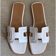Hermes Oran Flat Slipper Sandals White/Stitching 2020