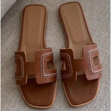 Hermes Oran Flat Slipper Sandals Brown/Stitching 2020