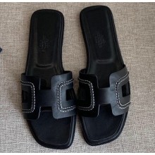 Hermes Oran Flat Slipper Sandals Black/Stitching 2020