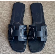 Hermes Oran Flat Slipper Sandals Navy Blue/Stitching 2020