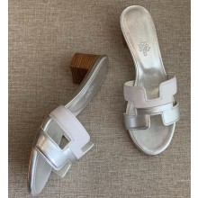 Hermes Heel 5cm Oasis Slipper Sandals White/Silver 2020