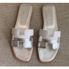 Hermes Oran Flat Slipper Sandals White/Silver 2020