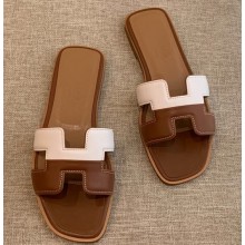 Hermes Oran Flat Slipper Sandals White/Brown 2020