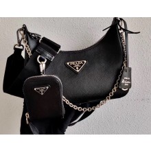 Prada Re-Edition 2005 Saffiano Leather Shoulder Hobo Bag 1BH204 Black 2020