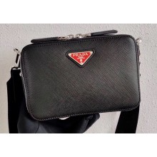Prada Brique Saffiano Leather Cross-Body Bag 2VH070 Black/Red Logo 2020