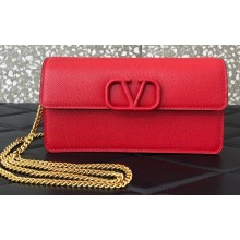 Valentino VSLING Grainy Calfskin Wallet with Chain Strap Bag Red 2020